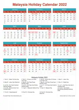 Calendar Horizintal Grid Mon Sun Malaysia Holiday Cheerful Bright Portrait 2022