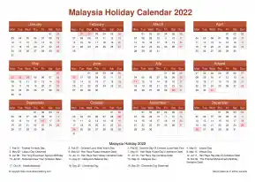 Calendar Horizintal Grid Mon Sun Malaysia Holiday Earth Landscape 2022