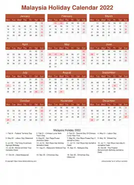 Calendar Horizintal Grid Mon Sun Malaysia Holiday Earth Portrait 2022