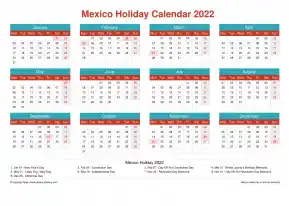 Calendar Horizintal Grid Mon Sun Mexico Holiday Cheerful Bright Landscape 2022