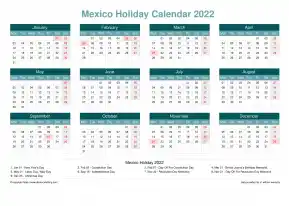 Calendar Horizintal Grid Mon Sun Mexico Holiday Cool Blue Landscape 2022