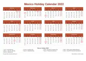 Calendar Horizintal Grid Mon Sun Mexico Holiday Earth Landscape 2022