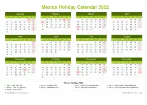 Calendar Horizintal Grid Mon Sun Mexico Holiday Natural Landscape 2022
