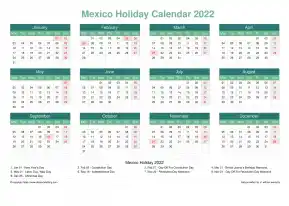 Calendar Horizintal Grid Mon Sun Mexico Holiday Watery Blue Landscape 2022