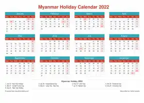 Calendar Horizintal Grid Mon Sun Myanmar Holiday Cheerful Bright Landscape 2022