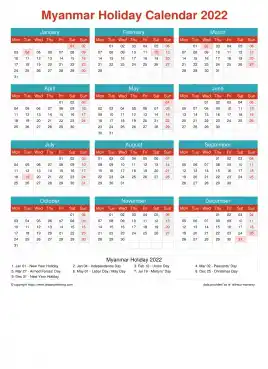 Calendar Horizintal Grid Mon Sun Myanmar Holiday Cheerful Bright Portrait 2022