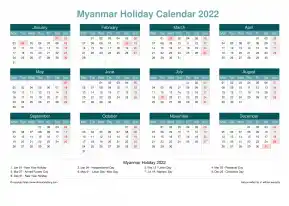 Calendar Horizintal Grid Mon Sun Myanmar Holiday Cool Blue Landscape 2022
