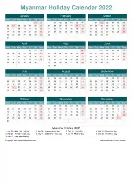 Calendar Horizintal Grid Mon Sun Myanmar Holiday Cool Blue Portrait 2022