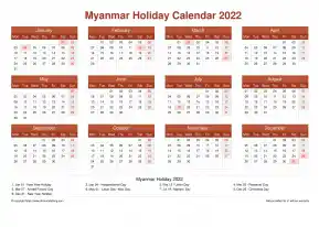 Calendar Horizintal Grid Mon Sun Myanmar Holiday Earth Landscape 2022