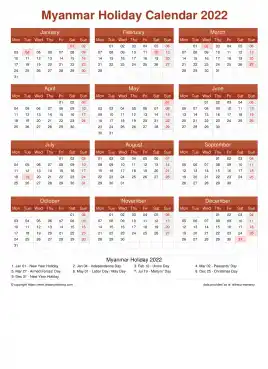 Calendar Horizintal Grid Mon Sun Myanmar Holiday Earth Portrait 2022
