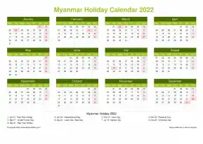 Calendar Horizintal Grid Mon Sun Myanmar Holiday Natural Landscape 2022