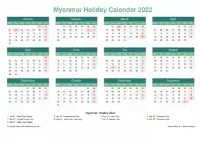 Calendar Horizintal Grid Mon Sun Myanmar Holiday Watery Blue Landscape 2022