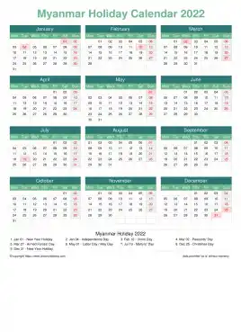 Calendar Horizintal Grid Mon Sun Myanmar Holiday Watery Blue Portrait 2022