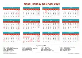 Calendar Horizintal Grid Mon Sun Nepal Holiday Cheerful Bright Landscape 2022