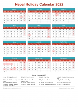 Calendar Horizintal Grid Mon Sun Nepal Holiday Cheerful Bright Portrait 2022