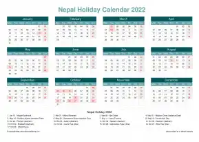 Calendar Horizintal Grid Mon Sun Nepal Holiday Cool Blue Landscape 2022