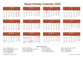 Calendar Horizintal Grid Mon Sun Nepal Holiday Earth Landscape 2022