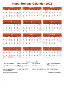 Calendar Horizintal Grid Mon Sun Nepal Holiday Earth Portrait 2022