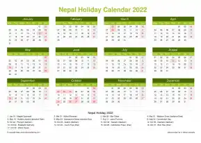 Calendar Horizintal Grid Mon Sun Nepal Holiday Natural Landscape 2022