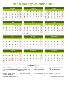 Calendar Horizintal Grid Mon Sun Nepal Holiday Natural Portrait 2022
