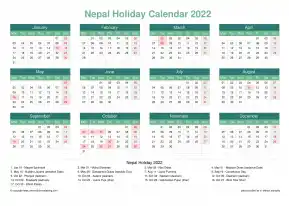 Calendar Horizintal Grid Mon Sun Nepal Holiday Watery Blue Landscape 2022