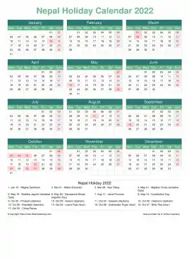 Calendar Horizintal Grid Mon Sun Nepal Holiday Watery Blue Portrait 2022
