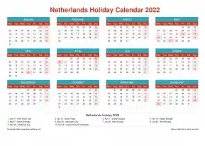 Calendar Horizintal Grid Mon Sun Netherlands Holiday Cheerful Bright Landscape 2022