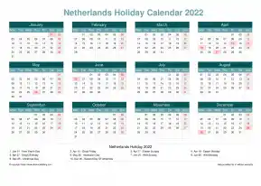 Calendar Horizintal Grid Mon Sun Netherlands Holiday Cool Blue Landscape 2022