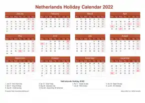 Calendar Horizintal Grid Mon Sun Netherlands Holiday Earth Landscape 2022