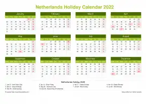 Calendar Horizintal Grid Mon Sun Netherlands Holiday Natural Landscape 2022