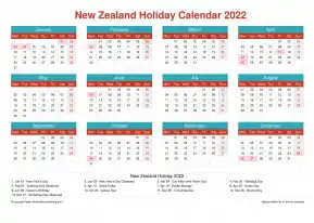 Calendar Horizintal Grid Mon Sun New Zealand Holiday Cheerful Bright Landscape 2022