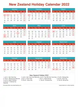 Calendar Horizintal Grid Mon Sun New Zealand Holiday Cheerful Bright Portrait 2022