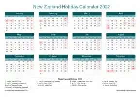 Calendar Horizintal Grid Mon Sun New Zealand Holiday Cool Blue Landscape 2022