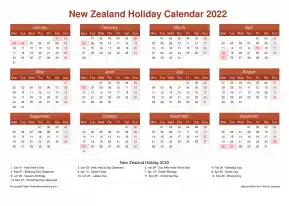 Calendar Horizintal Grid Mon Sun New Zealand Holiday Earth Landscape 2022