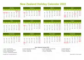 Calendar Horizintal Grid Mon Sun New Zealand Holiday Natural Landscape 2022