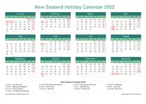 Calendar Horizintal Grid Mon Sun New Zealand Holiday Watery Blue Landscape 2022