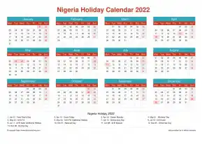 Calendar Horizintal Grid Mon Sun Nigeria Holiday Cheerful Bright Landscape 2022