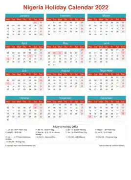 Calendar Horizintal Grid Mon Sun Nigeria Holiday Cheerful Bright Portrait 2022