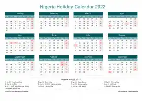 Calendar Horizintal Grid Mon Sun Nigeria Holiday Cool Blue Landscape 2022