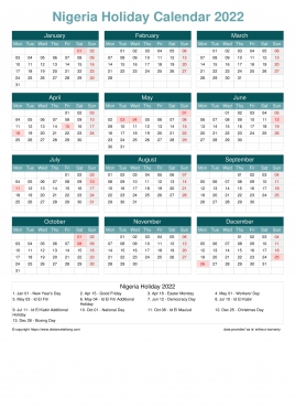 Calendar Horizintal Grid Mon Sun Nigeria Holiday Cool Blue Portrait 2022