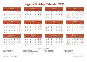 Calendar Horizintal Grid Mon Sun Nigeria Holiday Earth Landscape 2022
