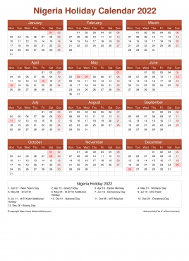 Calendar Horizintal Grid Mon Sun Nigeria Holiday Earth Portrait 2022