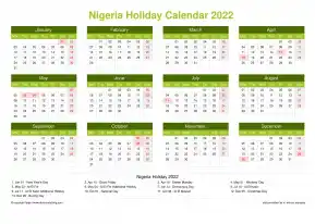 Calendar Horizintal Grid Mon Sun Nigeria Holiday Natural Landscape 2022