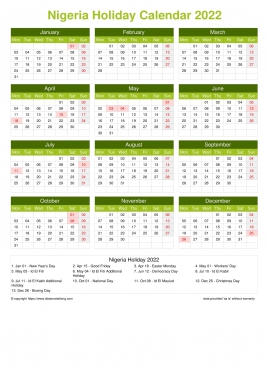 Calendar Horizintal Grid Mon Sun Nigeria Holiday Natural Portrait 2022