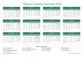 Calendar Horizintal Grid Mon Sun Nigeria Holiday Watery Blue Landscape 2022