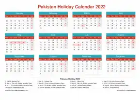 Calendar Horizintal Grid Mon Sun Pakistan Holiday Cheerful Bright Landscape 2022