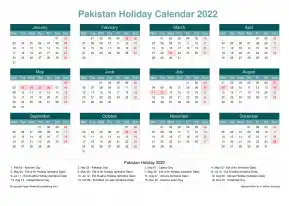 Calendar Horizintal Grid Mon Sun Pakistan Holiday Cool Blue Landscape 2022