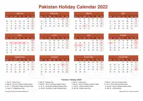 Calendar Horizintal Grid Mon Sun Pakistan Holiday Earth Landscape 2022