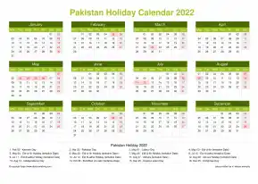 Calendar Horizintal Grid Mon Sun Pakistan Holiday Natural Landscape 2022