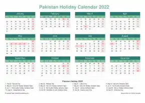 Calendar Horizintal Grid Mon Sun Pakistan Holiday Watery Blue Landscape 2022